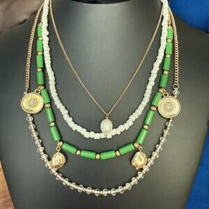 Plunder Jewelry Layered Multi Strand Necklace GoldTone Charms Green Faux Pearls